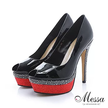 【Messa米莎】(MIT)質感水鑽亮片小羊皮魚口高跟鞋34黑色