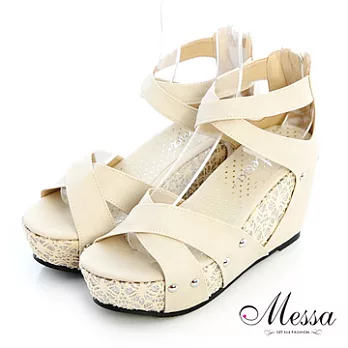 【Messa米莎】(MIT)簡約風高交叉縷空楔型涼鞋36米色