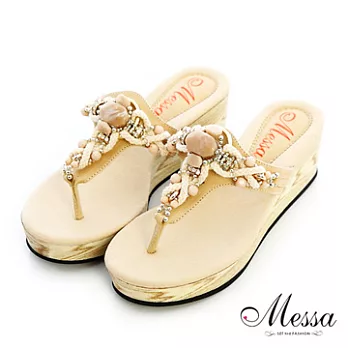 【Messa米莎】(MIT)戀夏寶石繞繩楔型涼拖鞋36米色