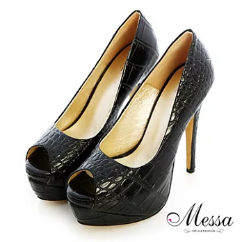 【Messa米莎】(MIT)話題仿鱷紋厚底羊皮魚口高跟鞋34黑色