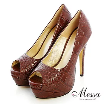 【Messa米莎】(MIT)話題仿鱷紋厚底羊皮魚口高跟鞋34咖啡色