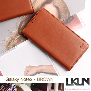 【韓國原裝潮牌 LKUN】Samsung Note2 N7100 專用保護皮套 100%高級牛皮皮套㊣ 簡約時尚輕風格&錢包完美結合 (咖啡)