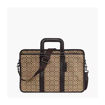 《COACH》卡其/咖啡_C LOGO 織布皮飾邊手提/肩背兩用公事包(容納17"筆電)