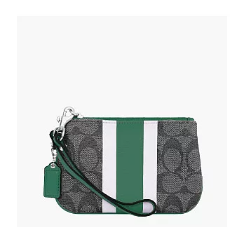 《COACH》黑灰/湖水綠_C LOGO PVC 直條印花皮飾邊小款手拿包