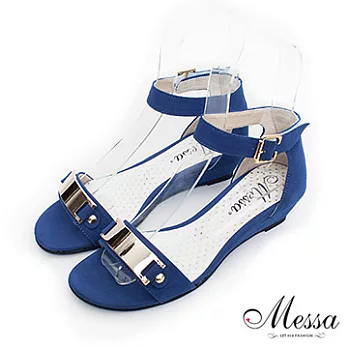 【Messa米莎】(MIT)時尚搶眼金屬拼接內真皮楔型涼鞋38藍色