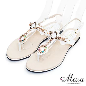 【Messa米莎】(MIT)名媛風金屬鑲鑽拼接T型內真皮涼鞋36白色
