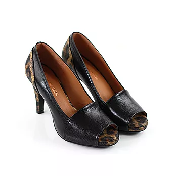 ◤Green Phoenix◥雙皮革壓紋魚口豹紋高跟鞋5黑色