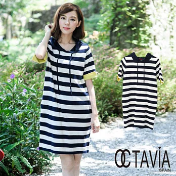 【OCTAVIA COLOR】小撞色海軍連帽橫條長T連身裙 - 青春藍