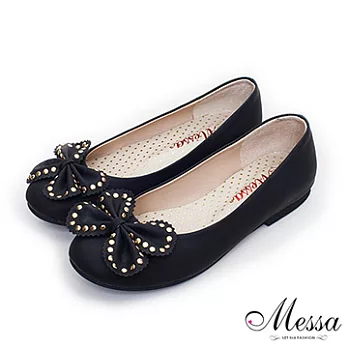 【Messa米莎】(MIT)仿古鉚釘蝴蝶結內真皮平底包鞋35黑色
