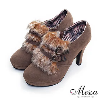 【Messa米莎】時尚甜美環帶皮草風高跟包鞋35卡其色