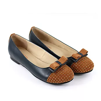 ◤Green Phoenix◥魅力真皮材質混搭鉚釘亮片蝴蝶結平底娃娃鞋22.5深藍色