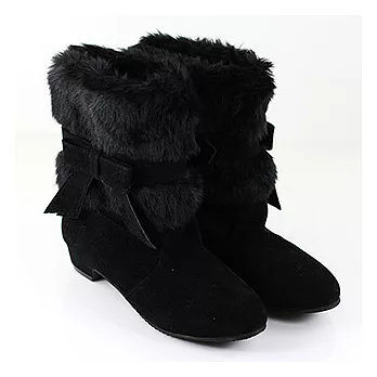 ◤Green Phoenix◥北歐風毛絨蝴蝶結低跟中筒靴36黑色