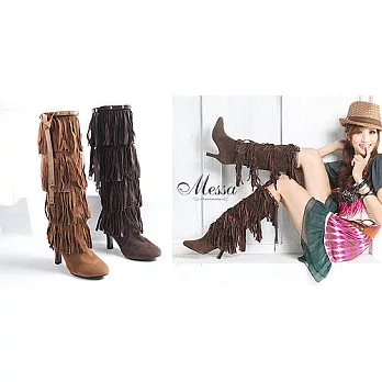 【Messa米莎】華麗流蘇絨布高跟長筒靴36咖啡色