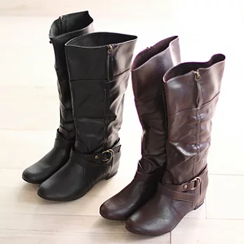 ◤Green Phoenix◥優質嚴選環繞皮帶釦短拉鍊長筒靴36黑色