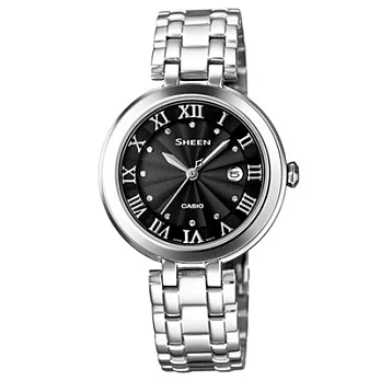 CASIO SHEEN系列 浪漫璀璨日期晶鑽腕錶(鋼帶-銀黑)
