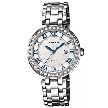 CASIO SHEEN系列 璀璨氛圍日期晶鑽腕錶(鋼帶-銀藍)