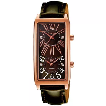 CASIO SHEEN系列 冬氛艷陽雙時區晶鑽腕錶(咖啡金)