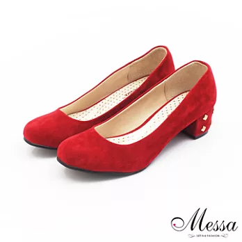 【Messa米莎】(MIT)優雅質感絨面鉚釘內真皮粗跟包鞋36紅色