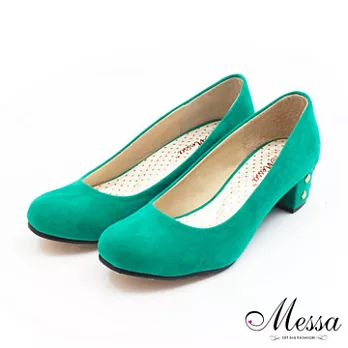 【Messa米莎】(MIT)優雅質感絨面鉚釘內真皮粗跟包鞋36綠色