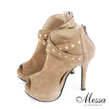 【Messa米莎】(MIT) 小性感雙帶鉚釘內真皮魚口裸靴35可可色