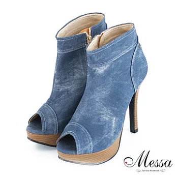 【Messa米莎】(MIT) 經典仿牛仔布內真皮魚口高跟裸靴35藍色