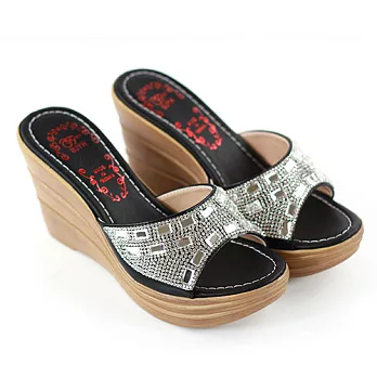 ◤Green Phoenix◥性感甜美閃亮壓克力鑽楔型涼拖鞋22.5黑色