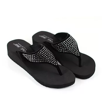 Green Phoenix寬版復古亮鑽造型厚底夾腳涼拖鞋23黑色