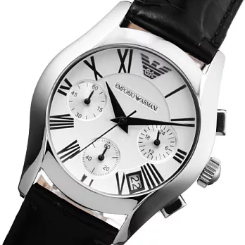 【EMPORIO ARMANI】義大利精品-黑色英式時尚三眼計時石英女錶(AR0670)
