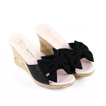 ◤Green Phoenix◥大蝴蝶結厚底楔型拖鞋22.5黑色