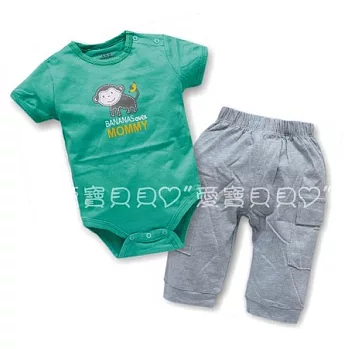 男生款短袖哈衣套裝 肩釦 包屁衣+褲子 套裝 家居服 2件組套裝(綠色小猴)6M綠色小猴