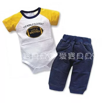 男生款短袖哈衣套裝 肩釦 包屁衣+褲子 套裝 家居服 2件組套裝(黃色橄欖球)70黃色橄欖球