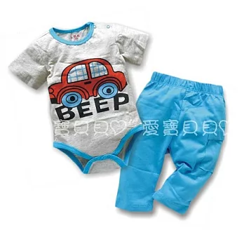 男生款短袖哈衣套裝 肩釦 包屁衣+褲子 套裝 家居服 2件組套裝(灰色大車)6M灰色大車