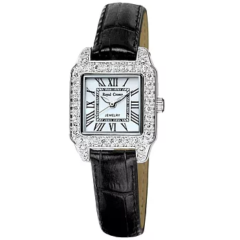 《Royal Crown》6104簡約奢華方型晶鑲鑽皮帶錶(黑色)