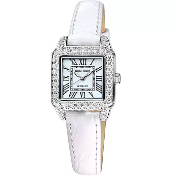 《Royal Crown》6104簡約奢華方型晶鑲鑽皮帶錶（白色）