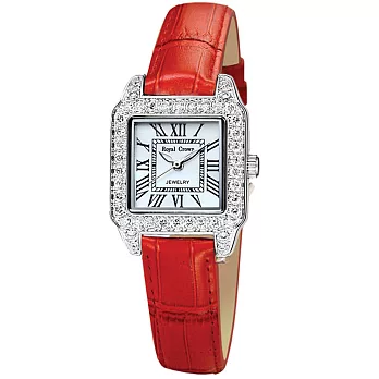 《Royal Crown》6104簡約奢華方型晶鑲鑽皮帶錶（紅色）