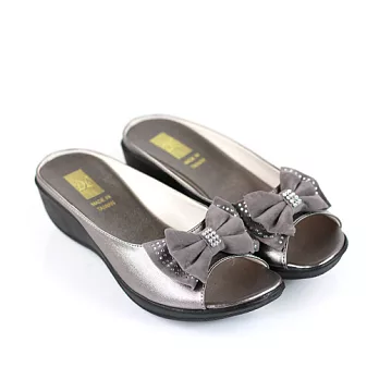 ◤Green Phoenix◥優雅水鑽亮面厚底魚口楔型涼拖鞋22.5鐵灰