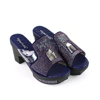 ◤Green Phoenix◥進口真皮寬帶亮鑽時尚粗跟拖鞋35紫色