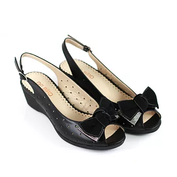 ◤Green Phoenix◥真皮蝴蝶結造型魚口楔型涼鞋7黑色