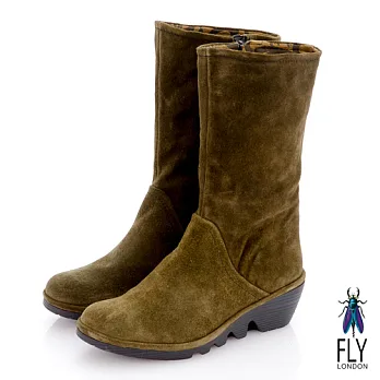 Fly London(女)★JESSIE 反毛牛皮簡潔歐式中筒靴 -39橄綠