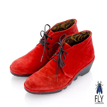 Fly London(女)★牛津短靴 綁帶式小坡跟反牛皮短筒靴 -38野莓紅