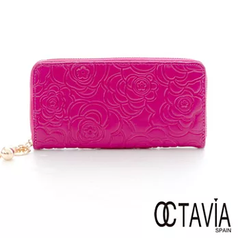 【Octavia 8 真皮】玫瑰園 壓花拉鍊長夾 - 小玫紅小玫紅