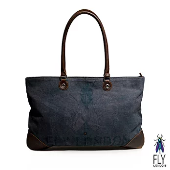 【Fly London】 - BOX 3/4托特 水洗帆布牛皮拼貼大肩包 - 深藍深藍