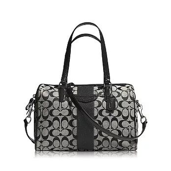 COACH 直條 織布皮飾邊兩用波士頓包_黑灰色