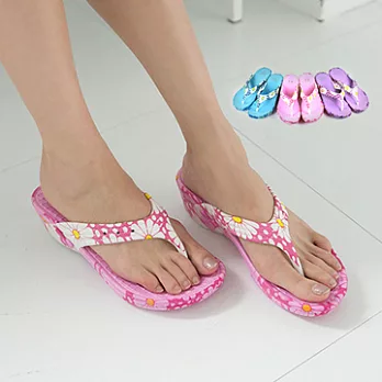 ◤Green Phoenix◥繽紛花朵防水夾腳坡跟海灘拖鞋40粉紅色