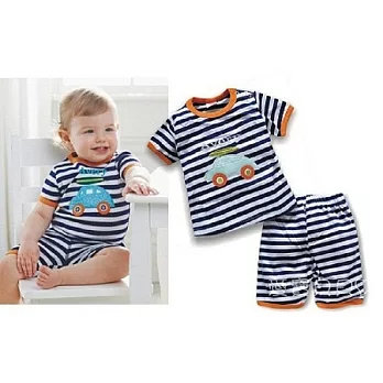 肩釦 肩扣 短袖 上衣 T恤 短褲 套裝 2件組(條紋車車)85黑白條紋