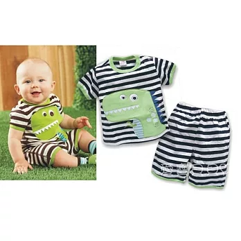 肩釦 肩扣 短袖 上衣 T恤 短褲 套裝 2件組(條紋恐龍)85黑白條紋