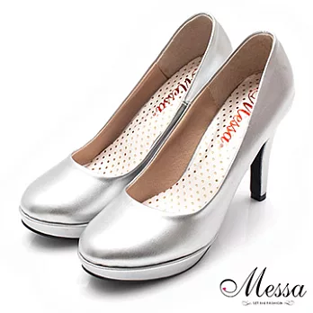 【Messa米莎】(MIT)優雅鎏光美人素面內真皮高跟包鞋-二色35銀色