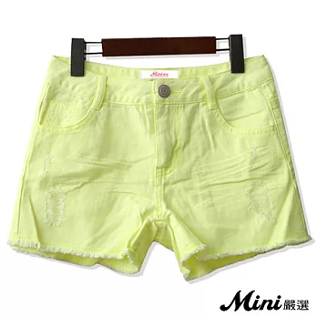 短褲 水洗螢光色毛邊仿舊刷破短褲 二色-Mini嚴選-FREE(螢光黃)