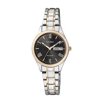 CITIZEN 藝術家氣息作風時尚光動能女性腕錶-黑+玫瑰金-EW3194-52E