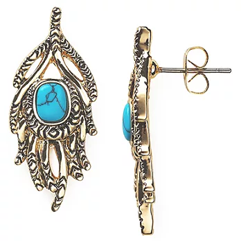 House of Harlow 1960 土耳其藍圓珠金色孔雀羽毛造型耳環 Peacock feather Stud
